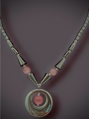Hematite and Pink Cats Eye Dark Metallic Gunmetal Gray Necklace w/ Barrel Clasp
